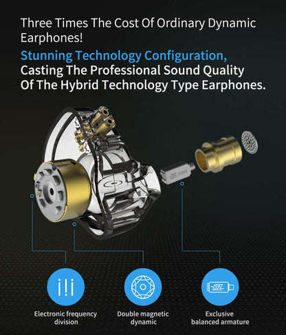 erjigo KZ ZSN Pro Dynamic Hybrid Dual Driver in Ear Earphones Detachable Tangle-Free Cable Musicians in-Ear Earbuds Headphones (Gray Without Mic)
