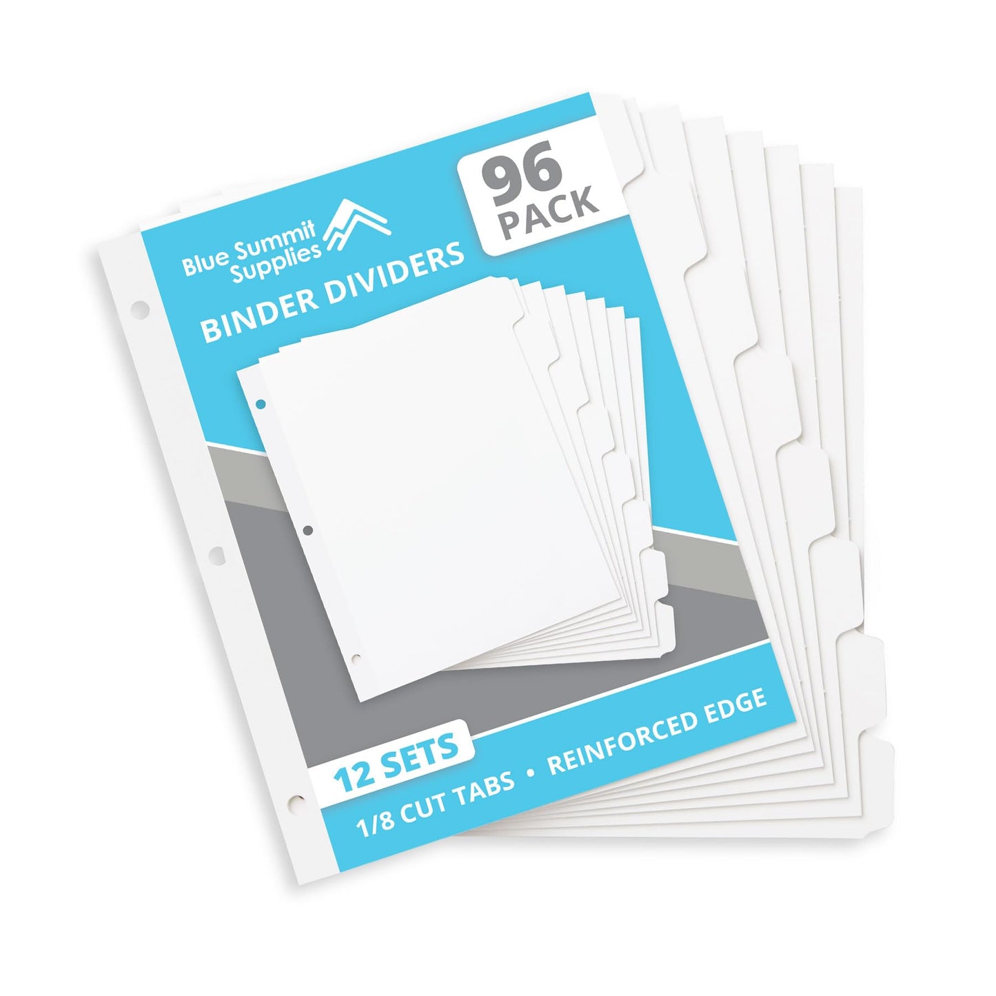 Blue Summit 8 Tab Dividers for 3 Ring Binder, Reinforced Edge, 1/8 Cut, Letter Size, Binder Dividers 8 Tab Bulk for Notebooks, White Index Divider, 12 Sets, 96 Pack