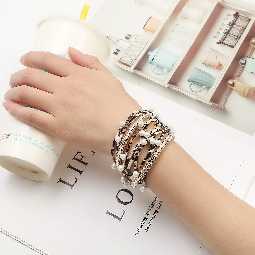 Leopard Print Color Multi-layer PU Leather Bracelet Versatile Women's Jewelry Horsehair Leather Bracelet Gifts for Women for Women (Pearl)