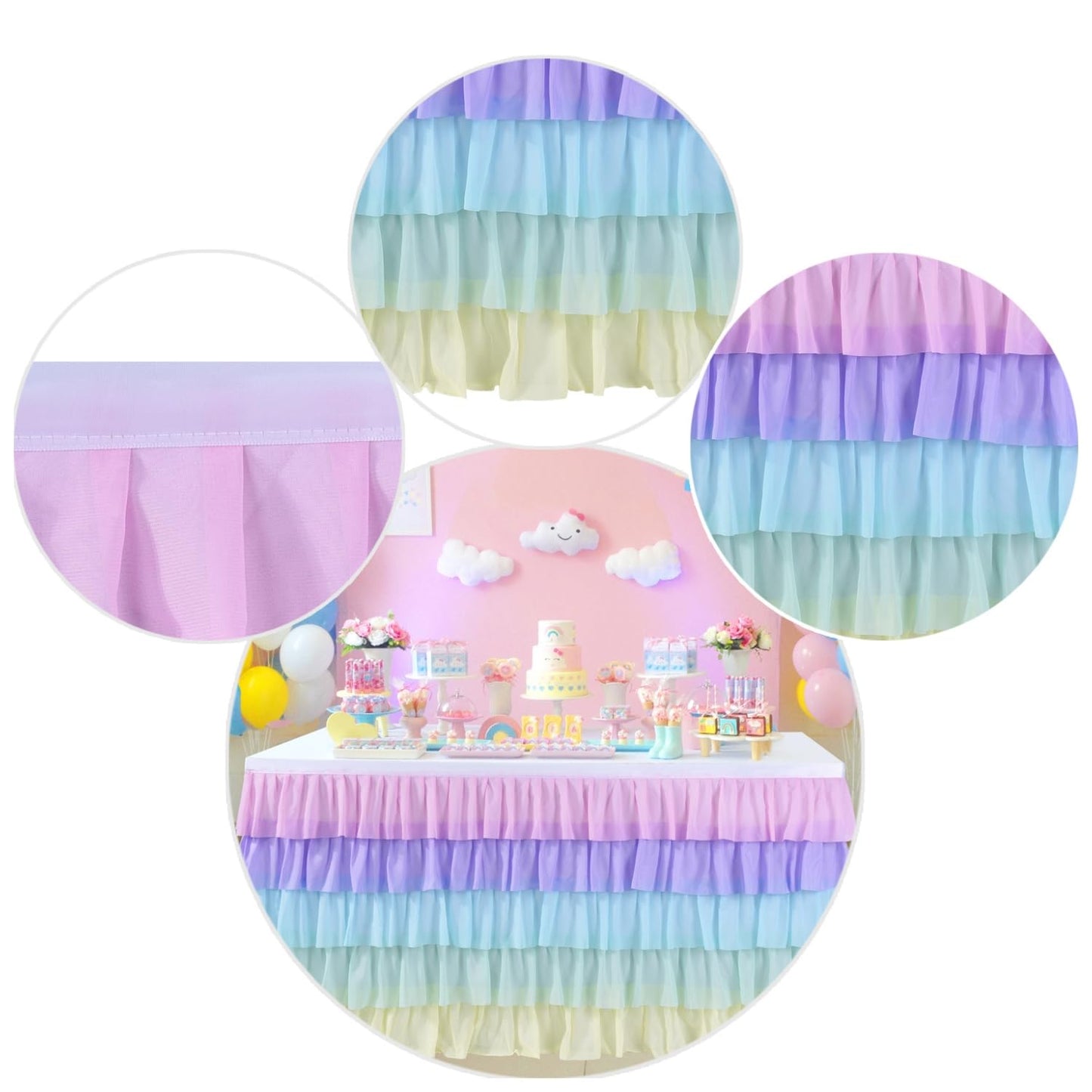 Teacher Desk Skirt 6ft x 30in – Ruffle Table Skirt for Classroom, 100D Chiffon Fabric Back to School Desk Curtain Fabric, Teacher Table Decoration(Pastel Rainbow)