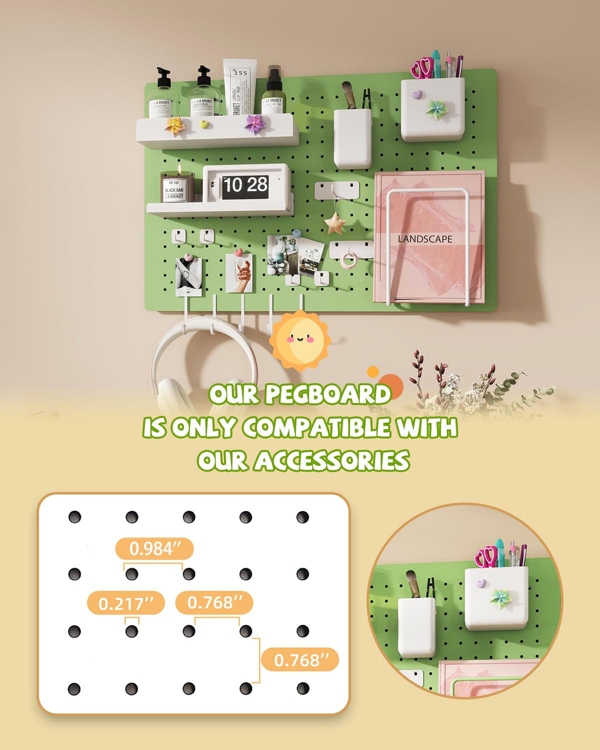 Soubeoii Metal Pegboard Kit — Carbon Steel Pegboards with 26 Accessories, Pegboard Wall Organizer for Home, Office, Study Room, Kitchen, Craft Room & Gaming Setup— 24″ × 16″ Green Peg Board