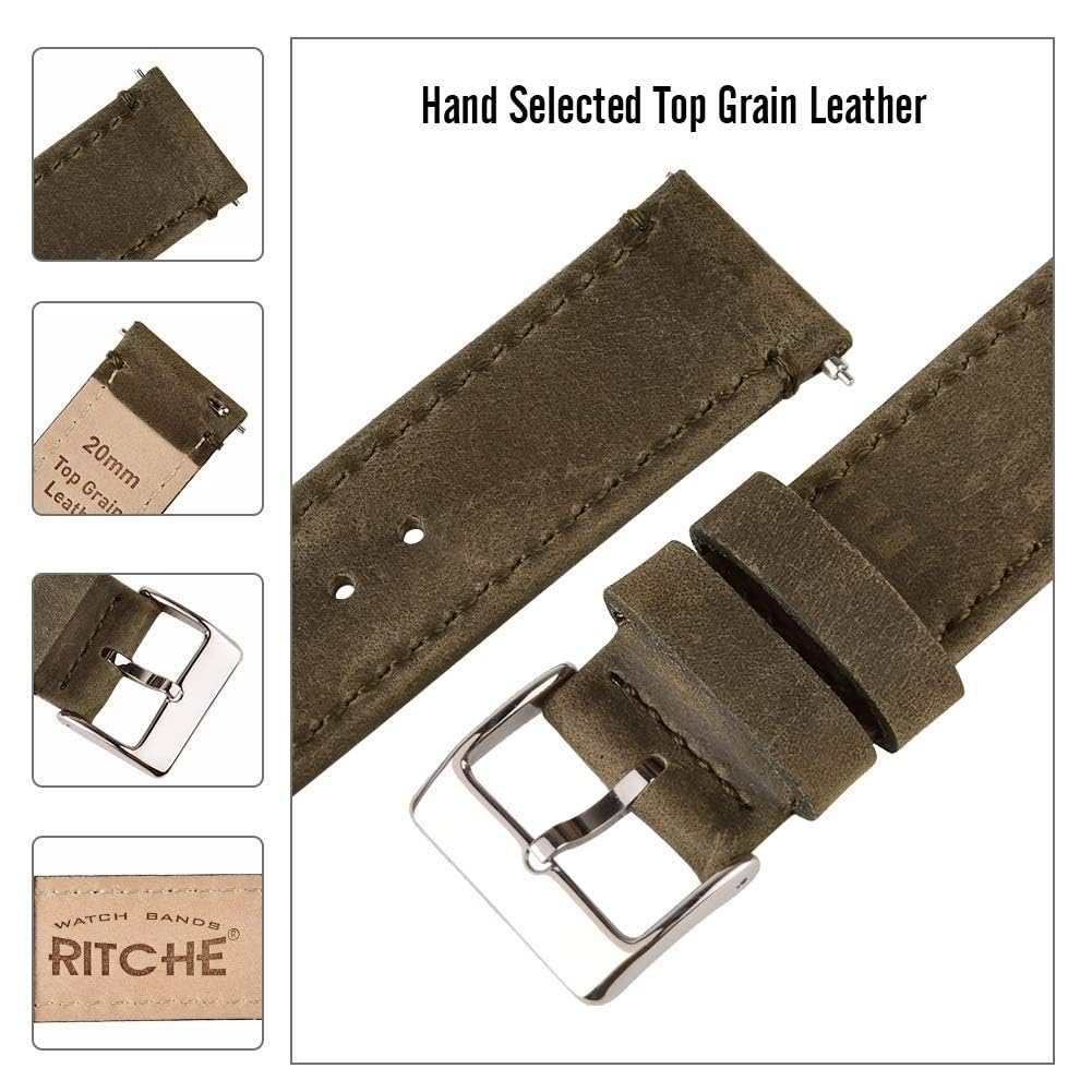 Ritche Leather Watch Strap with Quick Release Pins, 20mm Replacement Watch Band for Men and Women, Fits Smartwatches & Traditional Watches