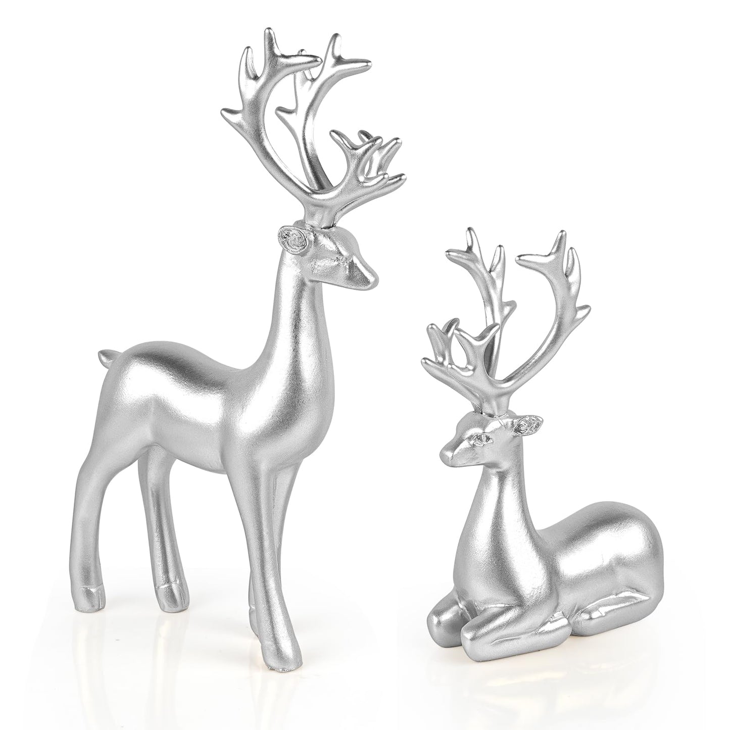 Bonlting 2 Pcs Christmas Reindeer Sculpture, Resin Elk Statues Deer Decorations for Home, Office, Bookshelf TV Stand, Living Room (Silver)