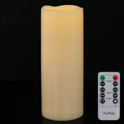 7LinRay 1 Pack 3" x 8" Outdoor Flameless Candles with Remote and Timer, Battery Operated Flickering LED Flameless Pillar Candles for Wedding Home Decoration, Ivory, Plastic