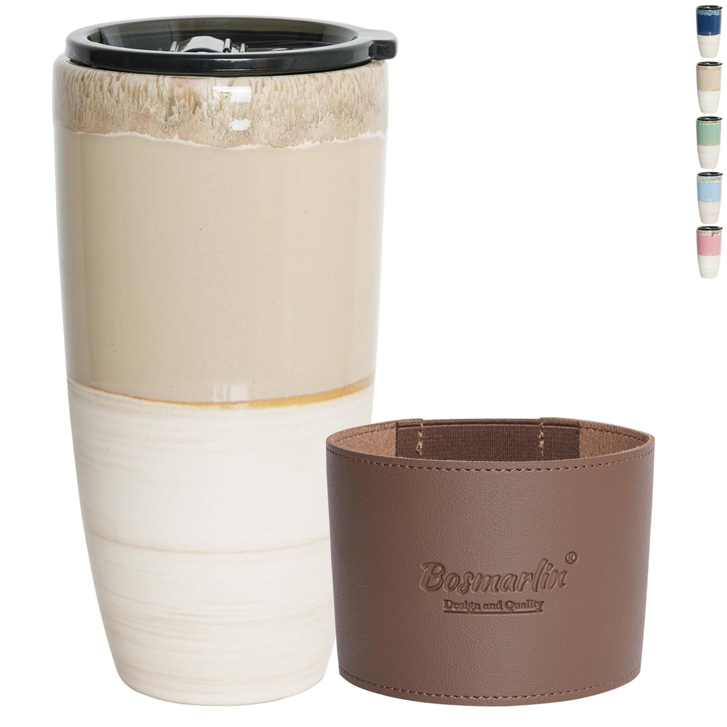 Bosmarlin Ceramic Travel Coffee Cup with Lid, 21 oz, Portable Coffee Mug for Car Cup Holder, Microwave and Dishwasher Safe, Reactive Glaze (Brown Grey)