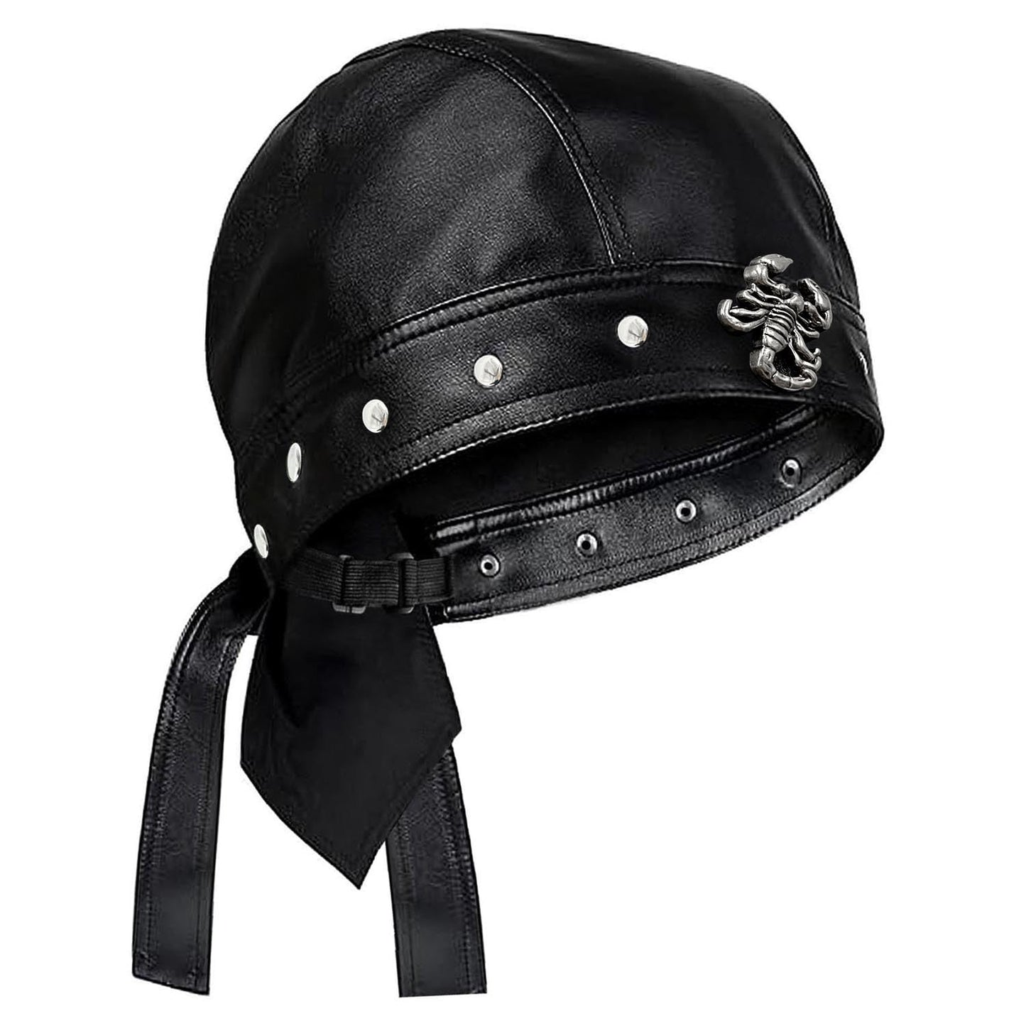 Punk Biker Leather Cap with Necklace for Women Skull Motorcycle Hat with Snug Fit, Stylish Biker Head Wrap & Riding Cap for Badass Look Adjustable Black
