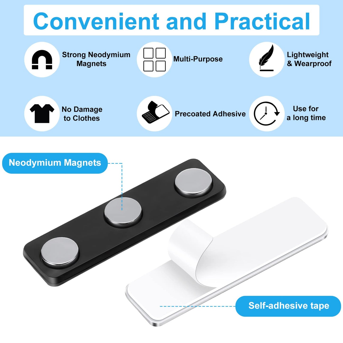 Mtlee 100 Packs Name Tag Magnets Magnetic Name Badge Holders ID Fastener Clip with 3 Neodymium and Adhesive Backing for Uniform Jackets(Black)