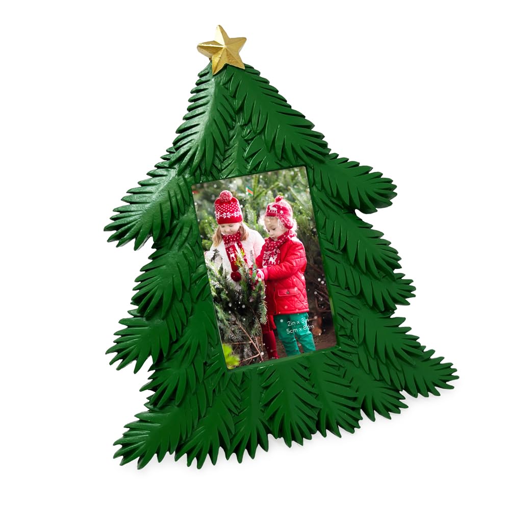 Isaac Jacobs 2x3 Holiday-Inspired Christmas Tree Picture Frame, Green with Gold Star, Tabletop and Wall Display, Home Décor, Resin Frame, Holidays (2x3, Green, with Rectangular Photo Window)