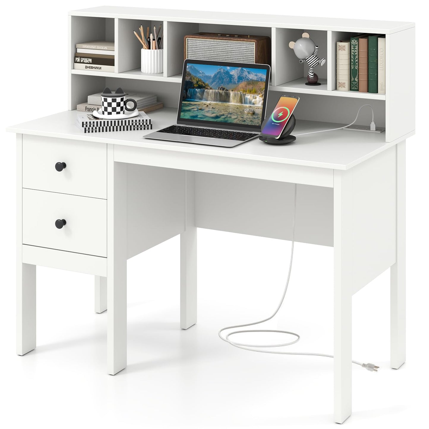Tangkula White Desk with Drawers & Hutch, Modern Home Office Desk Writing Study Desk with Charging Station, Laptop Desk with 5 Storage Compartments, Computer Workstation Makeup Vanity Desk