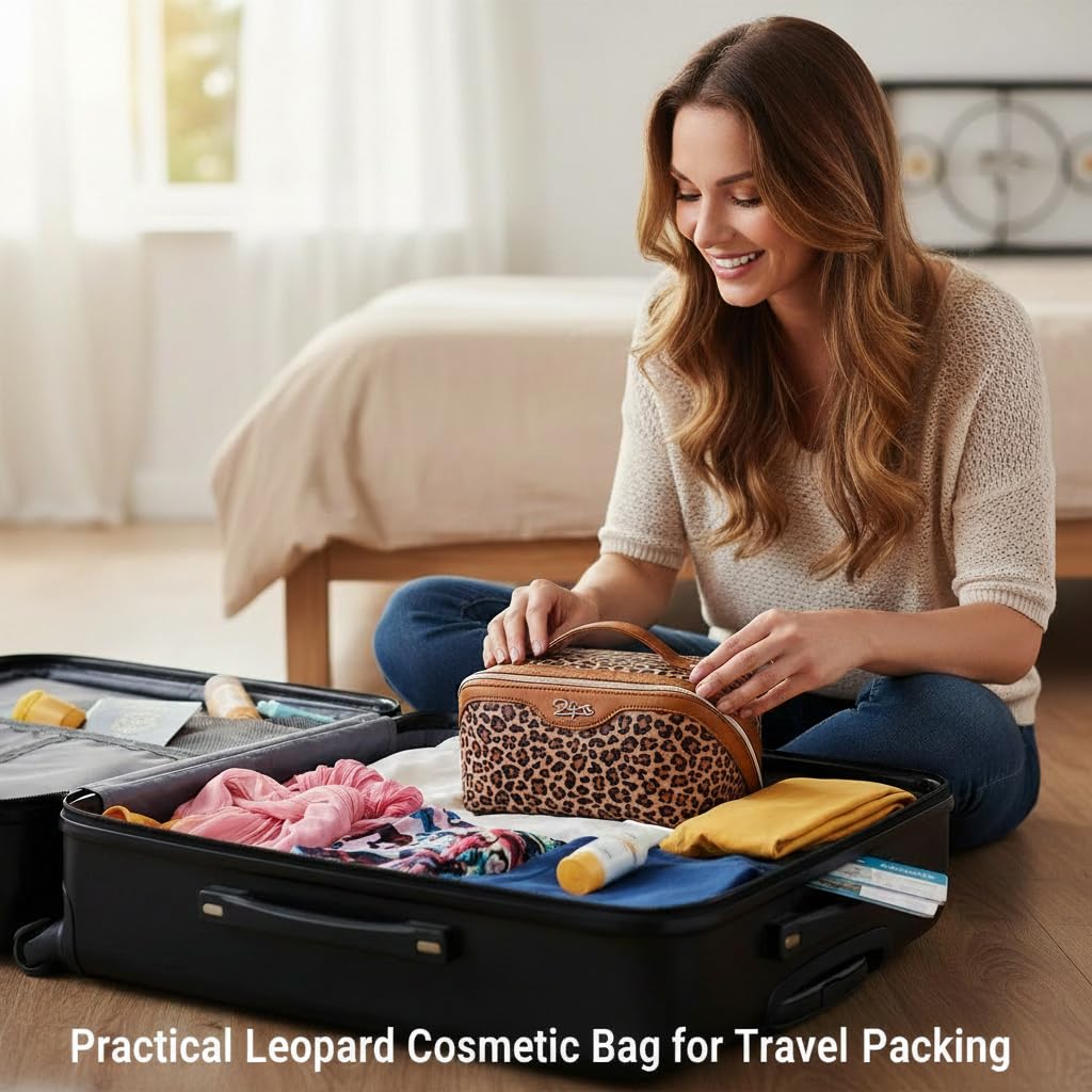 BOYATU Travel Makeup Bags Organizer for Women: 3 Pcs Set Leopard Cosmetic Bag - Large Make up Bag with Compartments - Flat Open Waterproof Leather Toiletry Bags for Skincare, Brushes & Travel - Brown