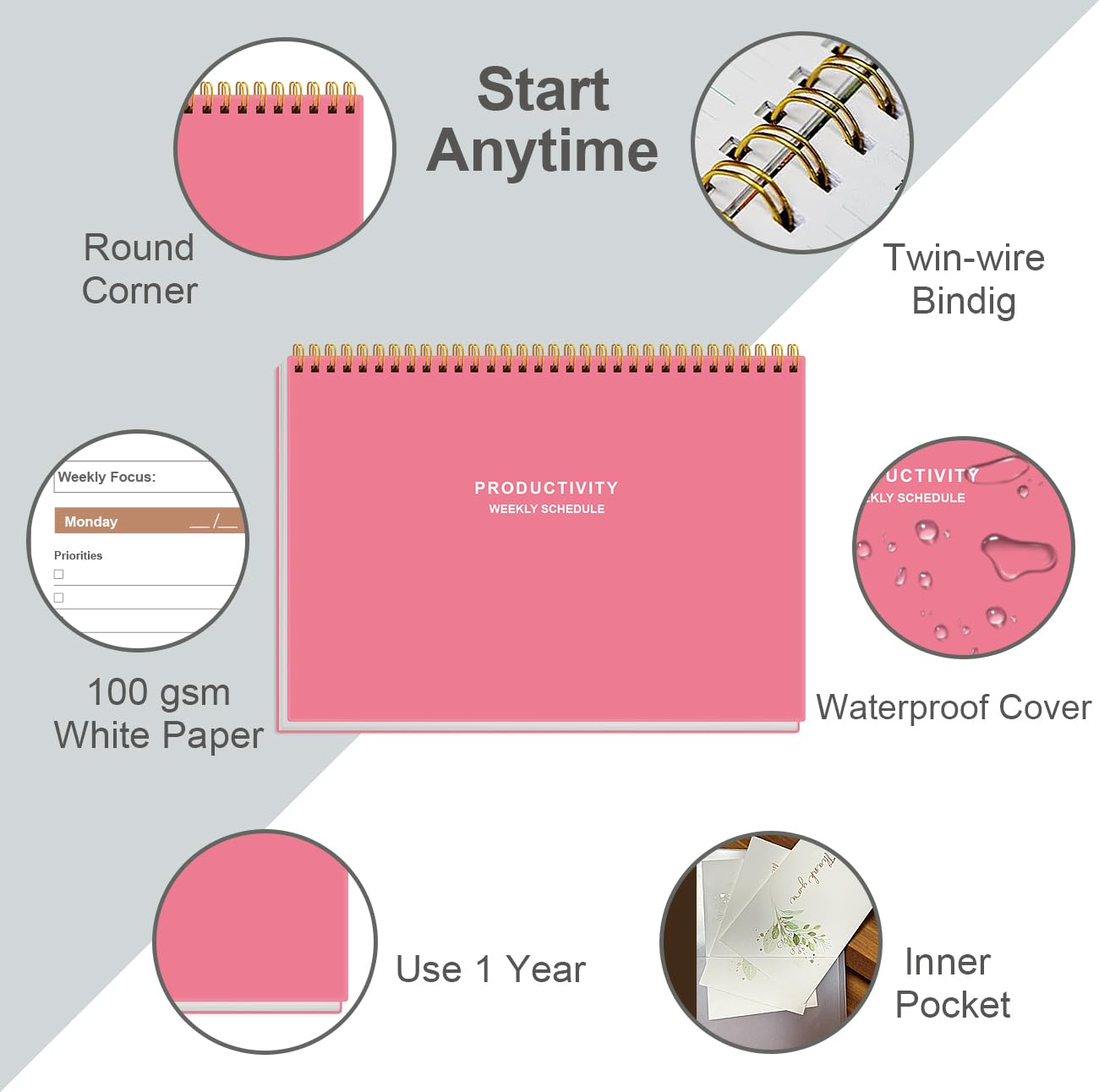 Weekly Productivity Planner - 8" x 11" Dashboard Desk Pad/Planner, Habit Tracker, Spiral Undated Weekly Planner for Office/School/Home, 54 Weeks, Pink