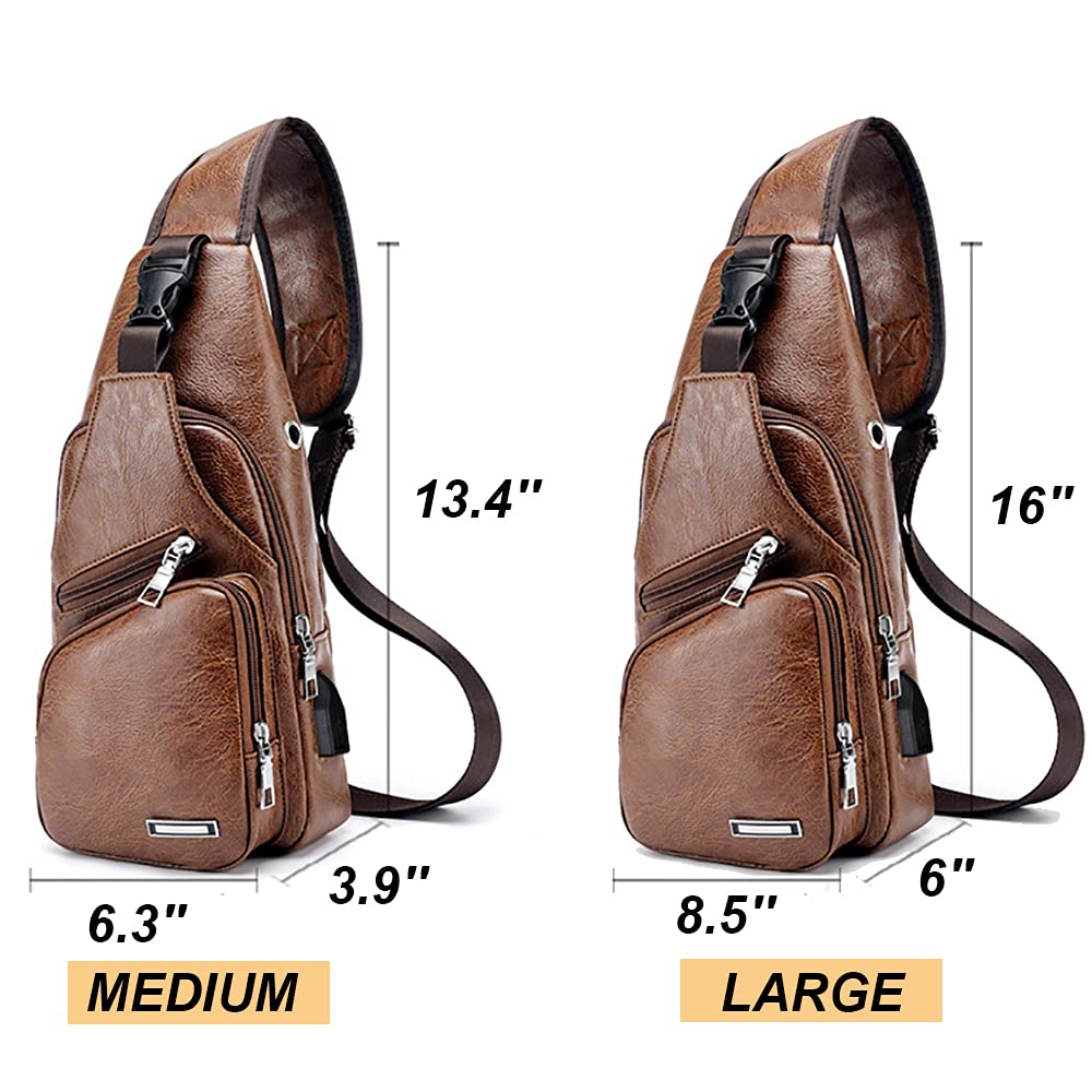 Peicees Leather Sling Bag Mens Crossbody Chest Bag Sling Backpack with USB Charge Port
