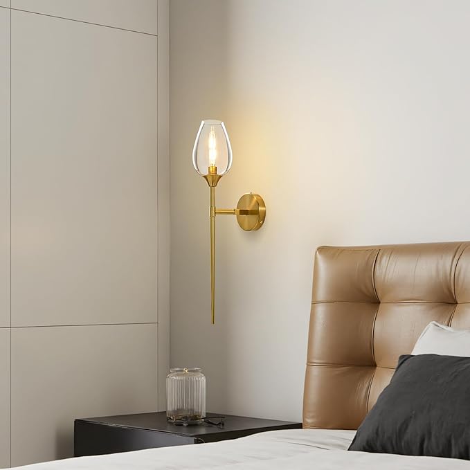 Gold Glass Wall Sconce Light: Modern Decorative Sconces Lights Over Mirror - Vintage Brushed Brass Bathroom Vanity Lighting with Flower Shade - Indoor Glass Wall Mount Lamp for Bedroom Living Room