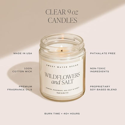 Sweet Water Decor Spa Day Soy Candle - Sea Salt, Jasmine, Wood and Cream Scented Spring Candles for Home - 9oz Clear Jar + Gold Lid, 40+ Hour Burn Time, Made in The USA