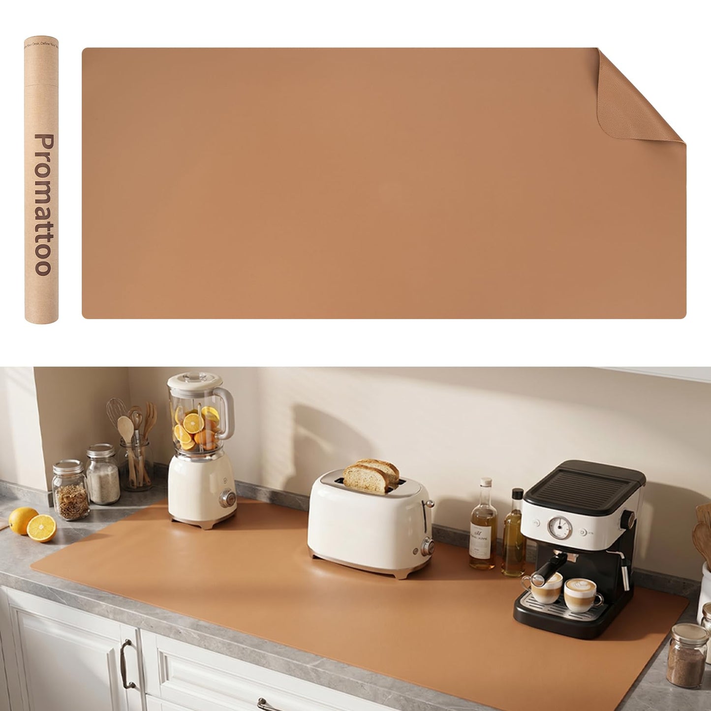 Promattoo 1.6mm Thick Leather 17x54 Inch Non-Slip Mat, Waterproof Countertop Protector, Dinner Table Runner/Cabinet Top Cover, Caramel Brown