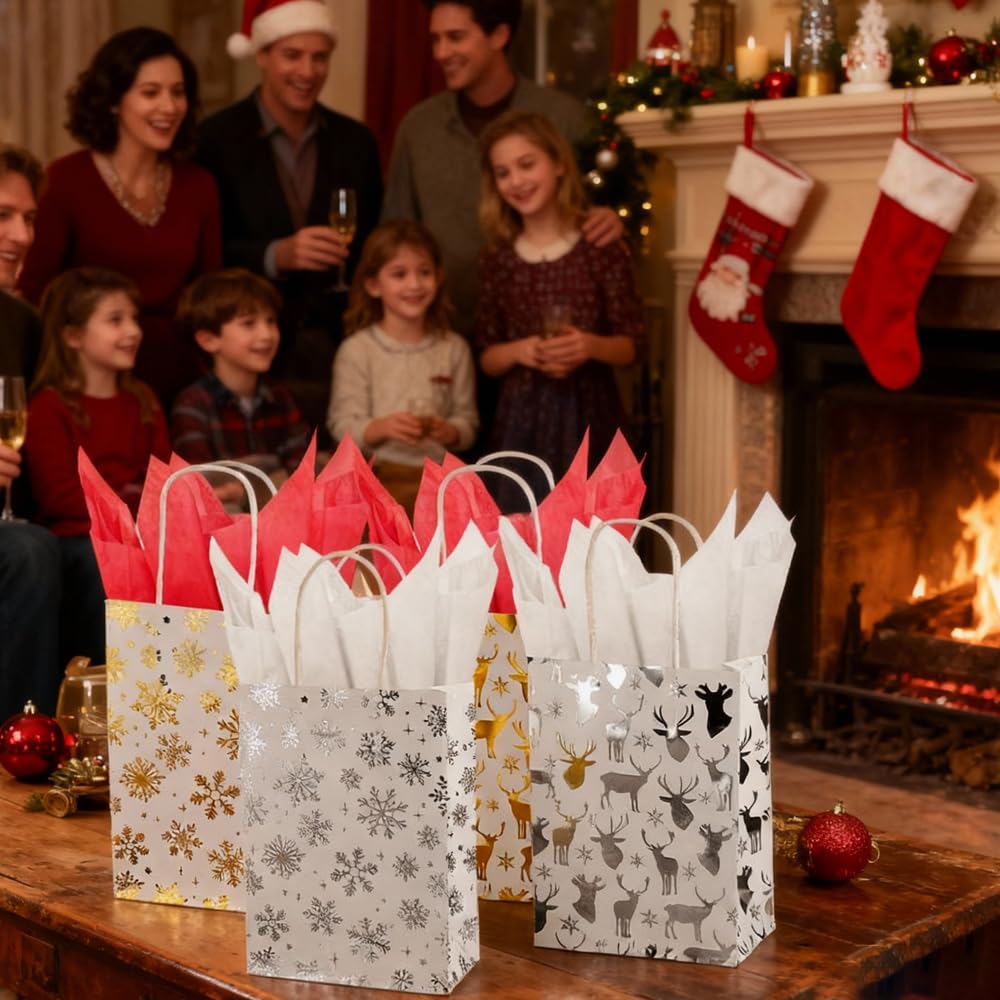 CMSSHUAI 8 PCS Small Christmas Gift Bags With Handle and Tissue,8 Designs christmas Paper Bags, Goody Bags,Christmas Treat Bags for Holiday Presents Candies Cookie Snacks