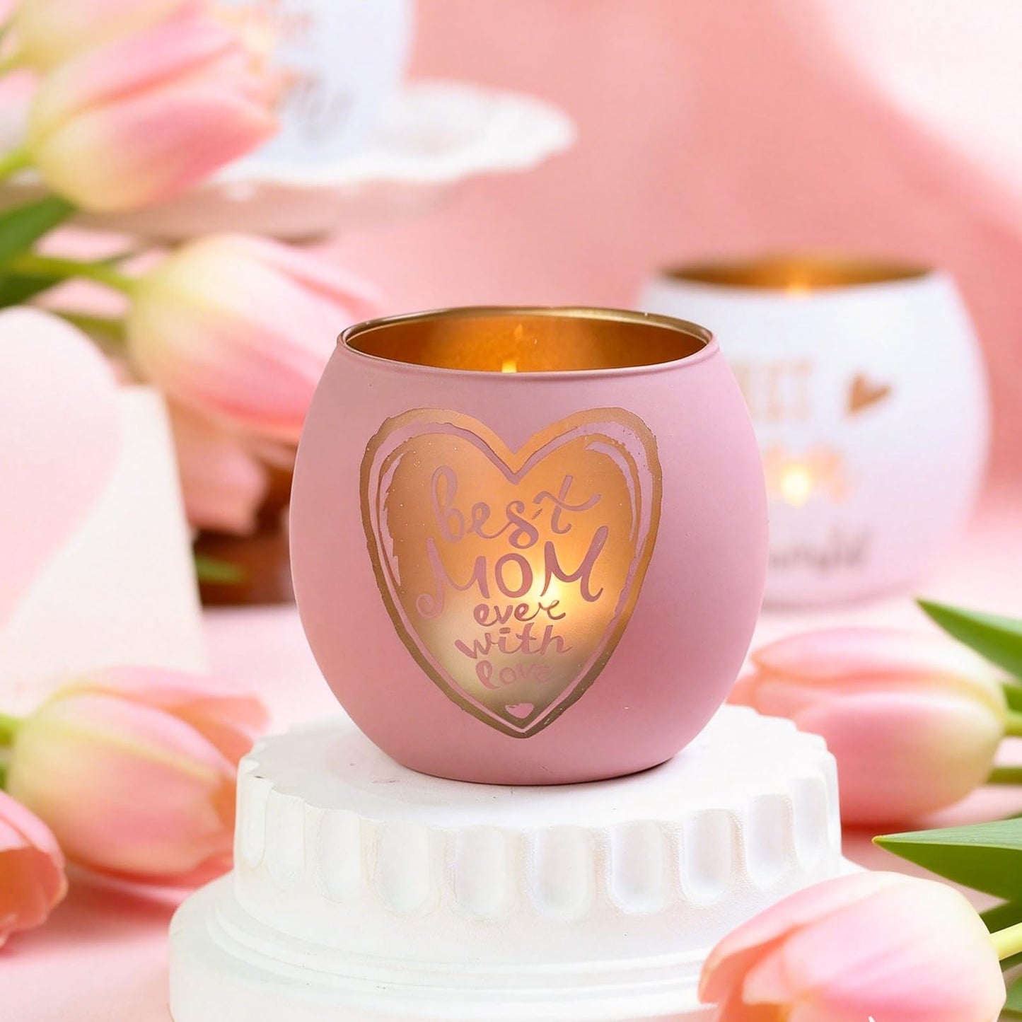 Mother's Day Glass Candle Holders Set of 4, Best Mom Ever Tealight Holders with Super Mom & Heart Designs, Decorative Votive Candle Holders for Women's Birthday, Grandma Gift & Mother's Day Decor
