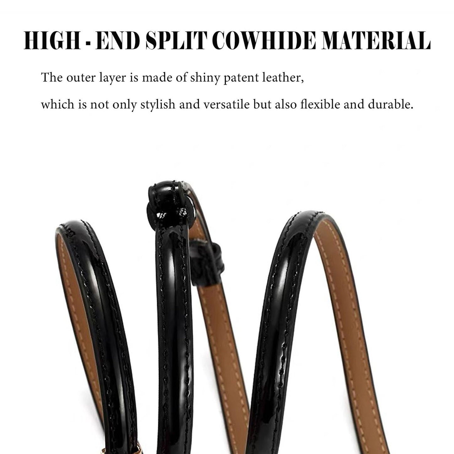 ORUIVO Stylish Skinny Cowhide Split Leather Belt - Shiny Patent Leather with Gold Metal Buckle & Adjustable Fit (black, one size, Square buckle)