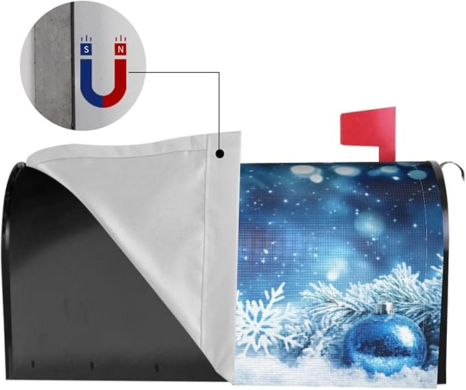 Festive Magnetic Mailbox Cover Blue Ball Snowflake Outdoor Mailbox Protector Holiday Seasonal Decorative Garden Yard Home Standard Size 21 x 18 Inch