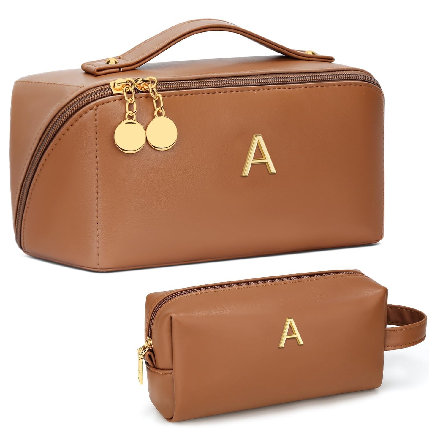 KKXIU Initial Makeup Bag for Women - Personalized Makeup Bag Gifts for Women, Travel Toiletry Bag with PU Leather, Open Flat Design with Top Handle, Cosmetic Bag Set with Multi-Pocket (Brown,A)