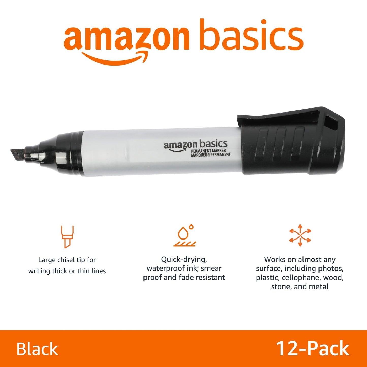 Amazon Basics Large Chisel Tip Permanent Markers, Quick Drying, Fade Resistant, Black, 12-Pack