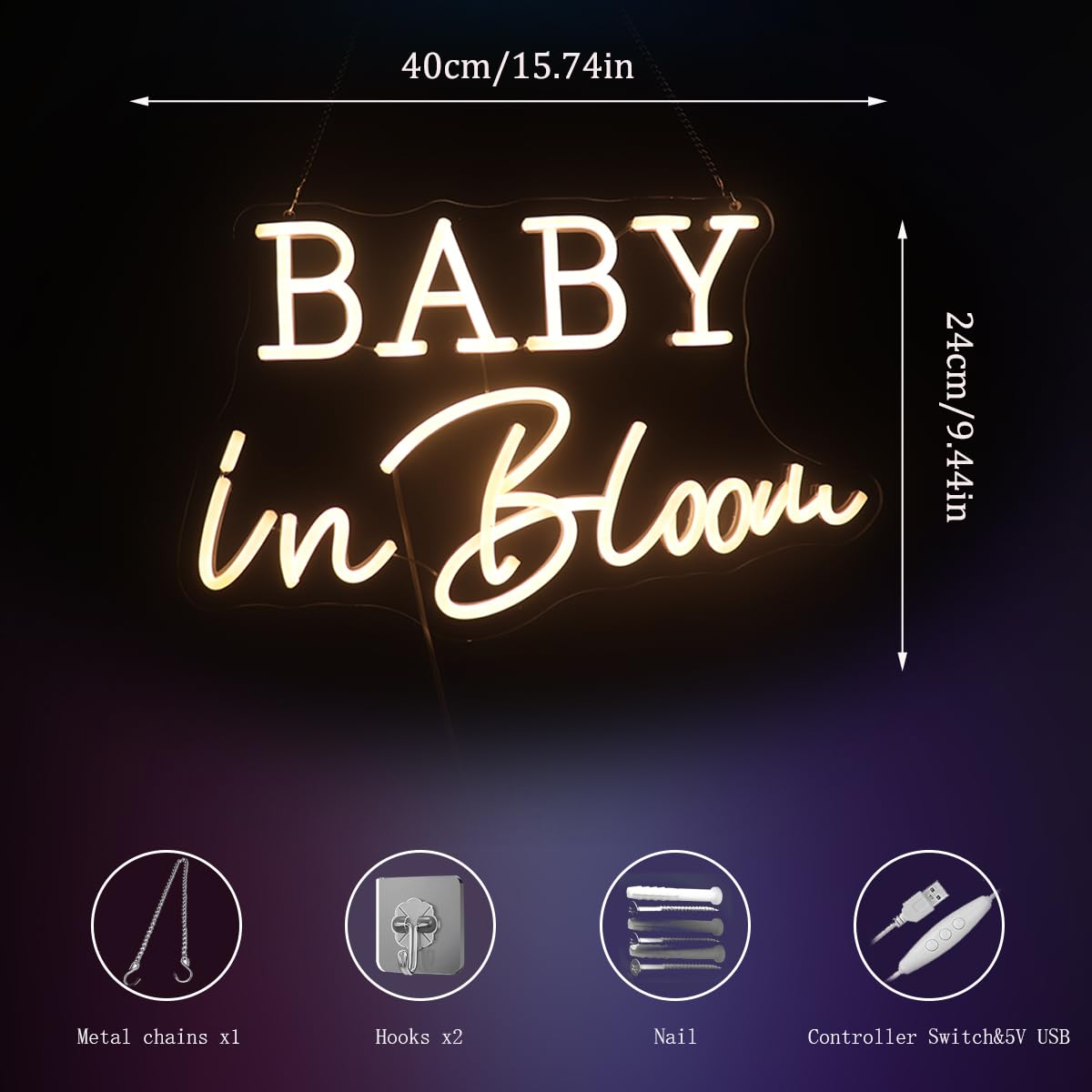 Baby In Bloom Neon Signs Led Gender Reveal Party Boy/Girl Decorations Neon Letters Signs Pregnancy Announcement Party Supplies Baby Shower Yard Signs(warm white)