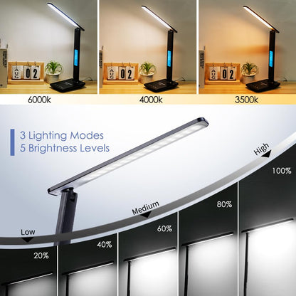 Multifunctional LED Desk Lamp with Wireless Charger,USB Charging Port,Clock,Phone Holder,Desk Lamps for Home Office,Eye-Caring Reading Lamp,Study Lamp for Boys,Girls,Teens,White