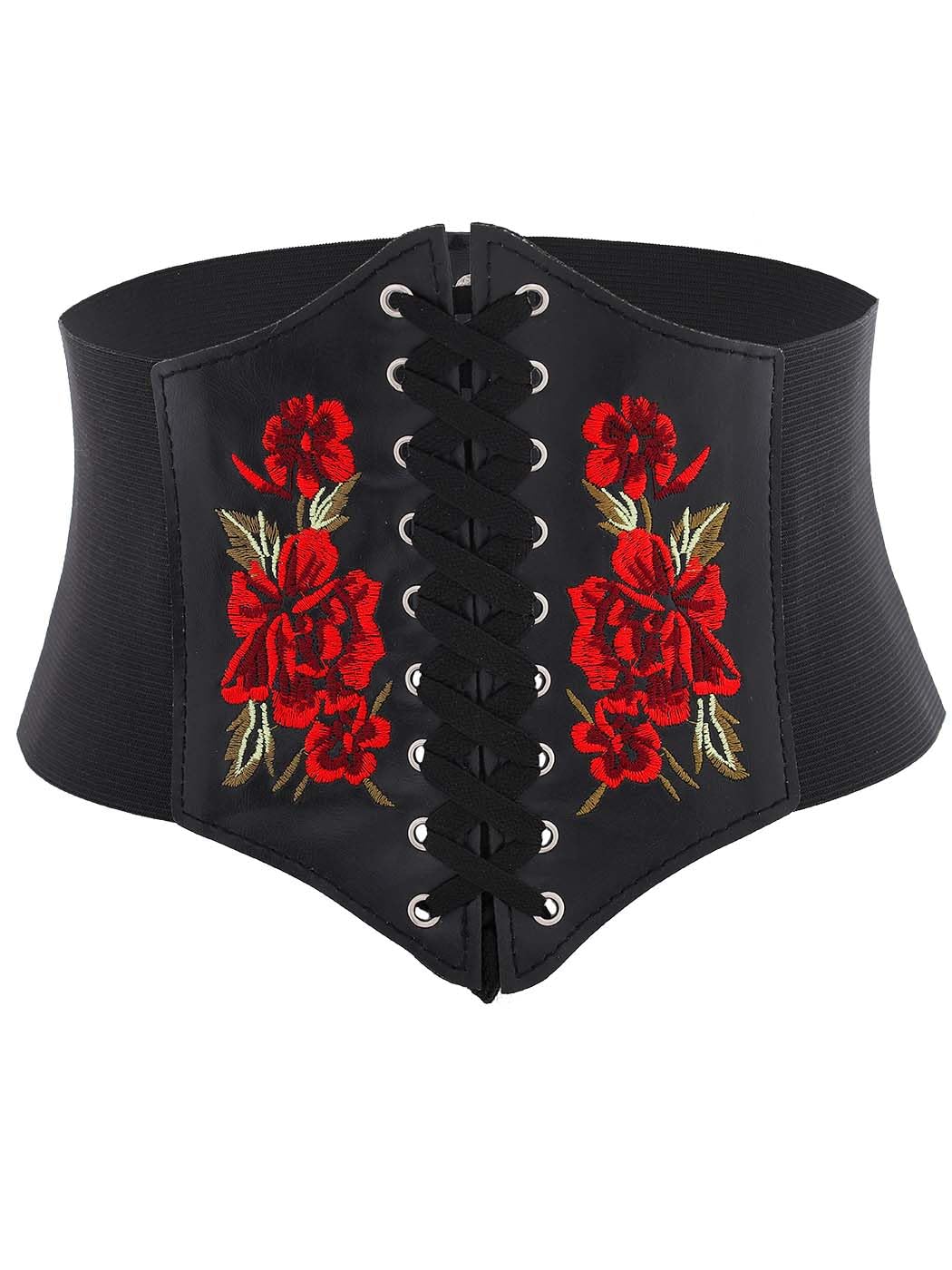 Urieo Embroidered Rose Corset Belt Black Lace-up Waist Cincher Belt Renaissance Underbust Halloween Dresses Wide Elastic Waspie Belts for Women