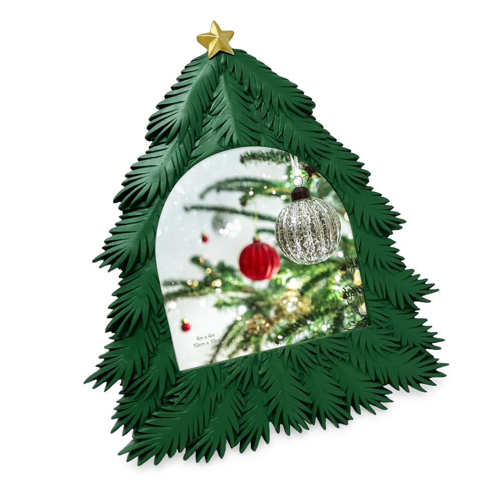 Isaac Jacobs 4x4 Holiday-Inspired Christmas Tree Picture Frame, Green with Gold Star, Tabletop and Wall Display, Home Décor, Resin Frame, Holidays (4x4, Green, with Arched Photo Window)