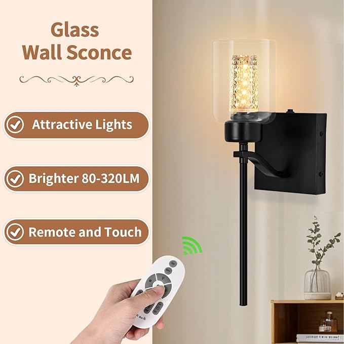 Glass Battery Wall sconces Set of Two with Remote, Stepless Dimmable Wireless Glass Wall Sconces with Crystal Bulb, Rechargeable Sconce for Bedroom, Black