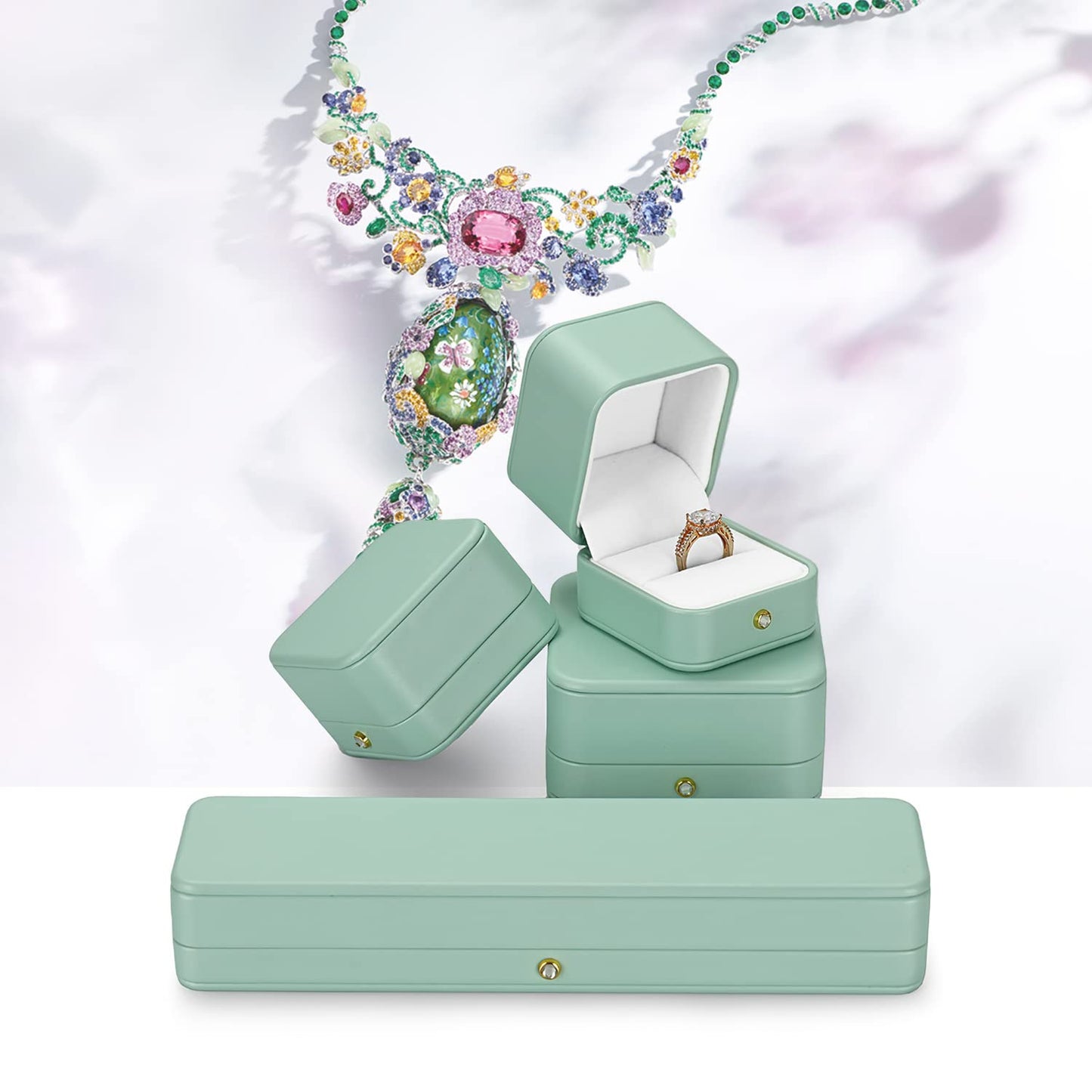 Oirlv Gorgeous Mint Green Ring Box Leather Engagement Ring Case Jewelry Gift Box for Wedding Proposal Velvet Interior