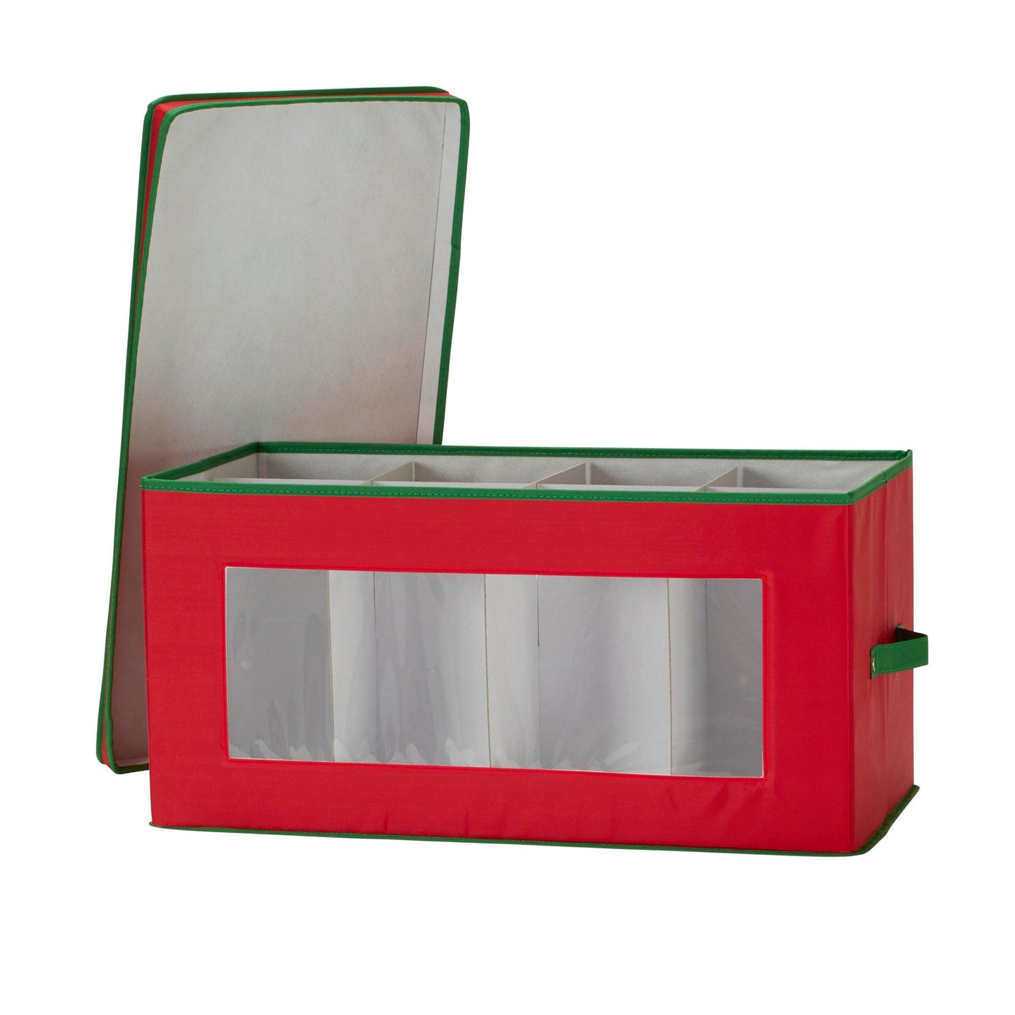 Household Essentials Holiday Figurine Storage Box, Windowed Storage with Lid, 8 Storage Compartments, Double Handles, Red with Green Trim