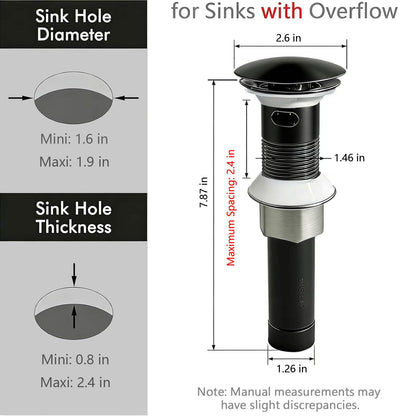 HENGDLOO Bathroom Sink Drain, with Overflow, Pop up Sink Drain Stopper with Strainer Plug for Vessel Sink Lavatory Vanity, SUS 304 Stainless Steel, Matte Black