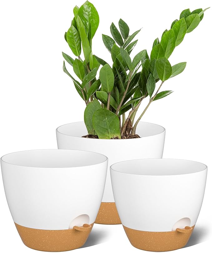 ZMTECH 9/10/12 Inch Plant Pots Sets, Selfwatering Planters with Drainage Holes Saucers for Indoor Outdoor Plants, Plastic Flower Pots for House Kitchen Window Garden(White, 3 Pack)