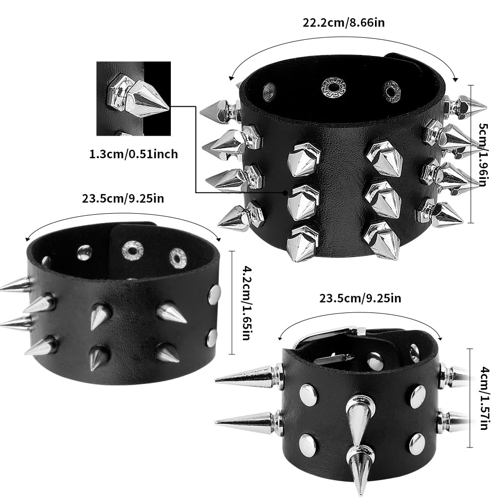 DTUIEUI Punk Set 11pcs Black Leather Cuff Bracelet, Studded, Spiked, Emo, Goth, Spike, Studded Arm Band, 80s Punk Gothic Rocker Halloween Costume Accessories
