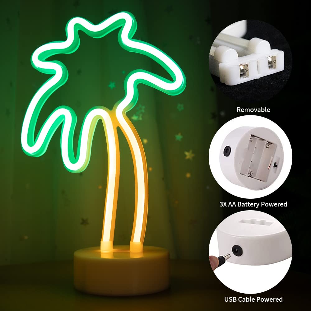 ENUOLI Palm Tree Lights Neon Signs,LED Coconut Tree Neon Light for Bedroom,Battery/USB Powered Palm Tree Night Lamp with Holder Base for Kids Room Bar Christmas Birthday Wedding Party