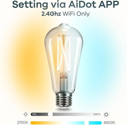 Linkind Smart Edison Bulbs, 2700K-6500K Tunable WiFi Edison Bulbs with Remote Control, 8W 60W Equivalent Dimmable ST19(ST58) Vintage Light Bulbs 800lm, Compatible with Alexa & Google Home, 2-Pack