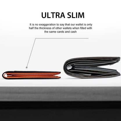 GSOIAX Mens Slim Wallet for Men Minimalist Genuine Leather Carbon Fiber Rfid Blocking Bifold Credit Card Holder With Gift Box (Carbon Black and Orange)