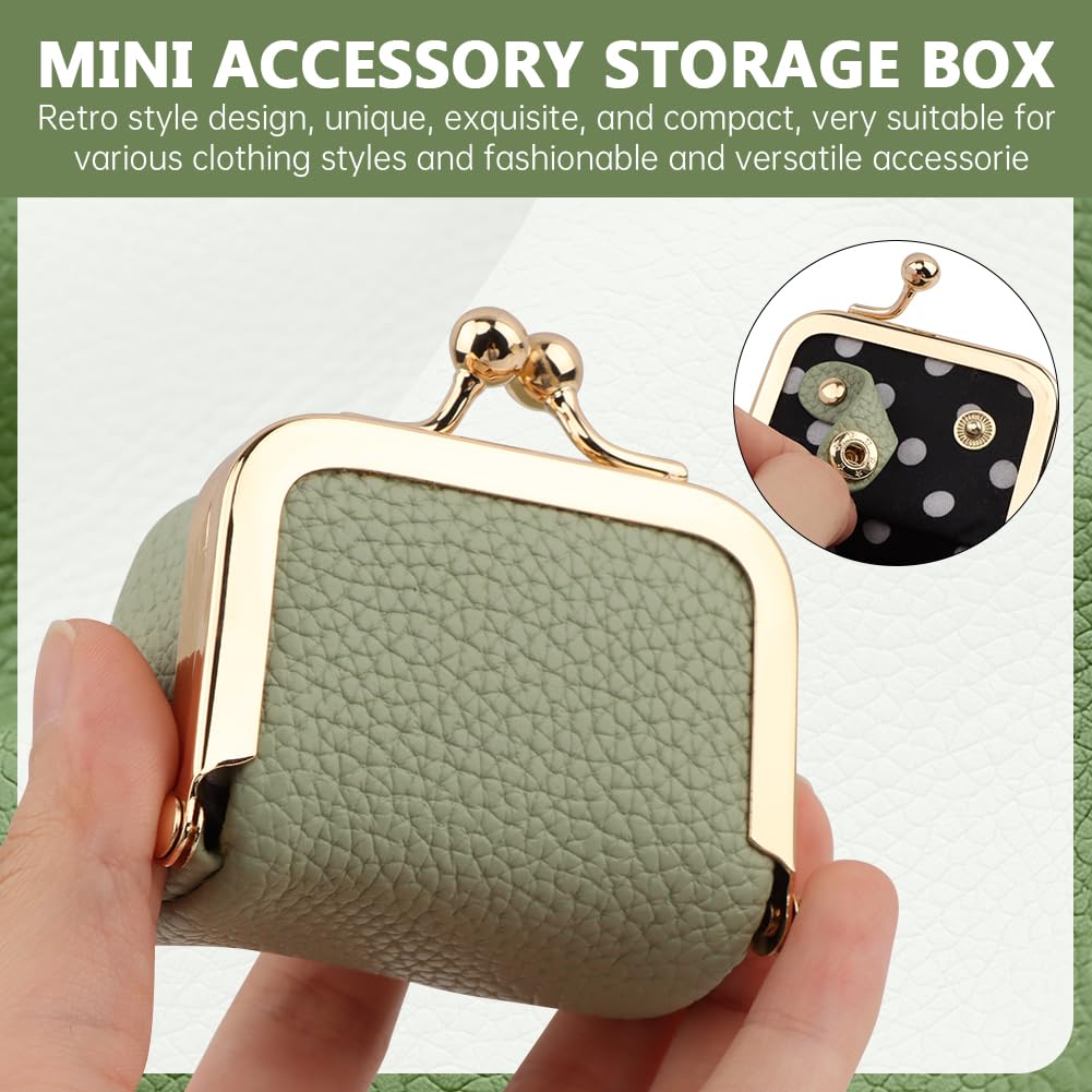 Genuine Leather Mini Jewelry Box with Kiss Lock, Portable Travel Jewelry Case Coin Purse for for Rings, Earrings, Pendants, Necklaces, Small Organizer Box for Girls Women(Green)