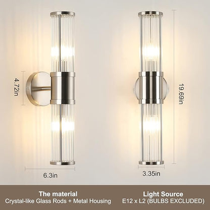 Brushed Nickel Bathroom Light Fixture, Industrial Up & Down Wall Vanity Sconce Indoor Farmhouse Glass Rods Bath Vanity Light Mirror Lighting Lamps Wall Mounted E12 Socket(Without Bulbs)