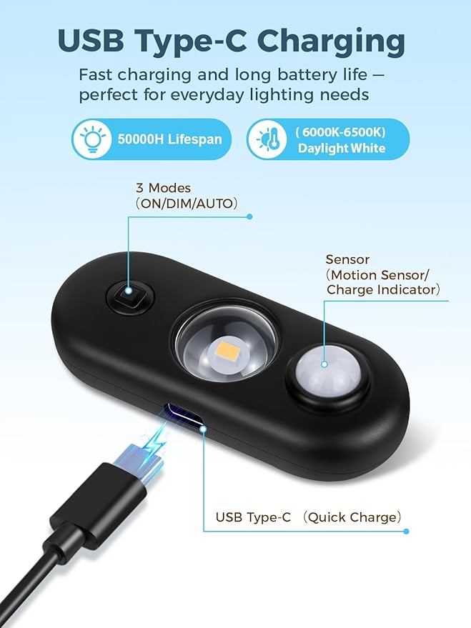 YGS-Tech LED Motion Sensor Light Indoor, Rechargeable Puck Lights, Magnetic Dimmable Under Cabinet Light, Wireless LED Lights for Closet, Kitchen, Stairs, Daylight White, 6-Pack (Black)