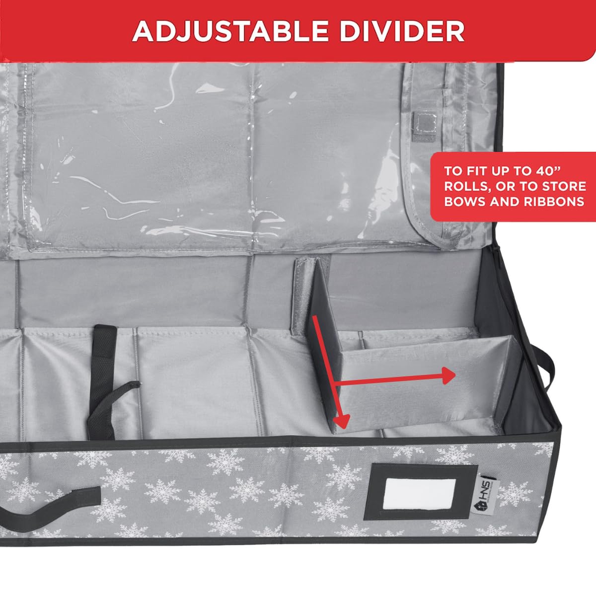 HOLDN’ STORAGE Premium Wrapping Paper Storage Container - Durable 600D Tear-Proof, Fits 27 Rolls Gift Wrap, Extra Pockets for Ribbons & Bows, Underbed Storage - Ideal for Holiday Christmas, Grey/White Snowflakes