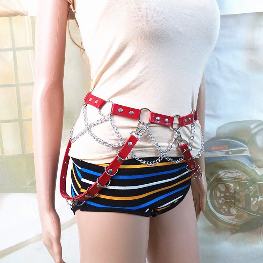 Punk Women Red Leather Harness Garter Belt Adjustable Waist Leg Body Chain Caged with Metal Tassel for Dress Rave Club Party