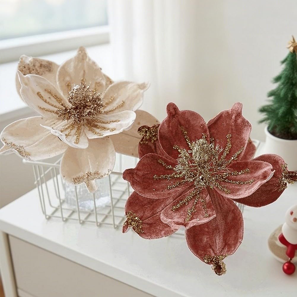 Christmas Tree Magnolia Picks with Artificial Magnolia Flowers, Fabric Ornaments to Create Festive Holiday Decor (Red)