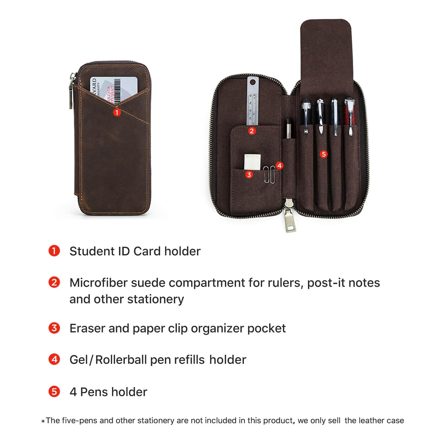 Hiram Handmade 4-Pen Case, Triple-Zip Crazy-Horse Leather Pouch with Microfiber Suede Lining, Heart-Stamped, Fountain/Ballpoint Box, Vintage Executive Stationery Storage(Coffee)
