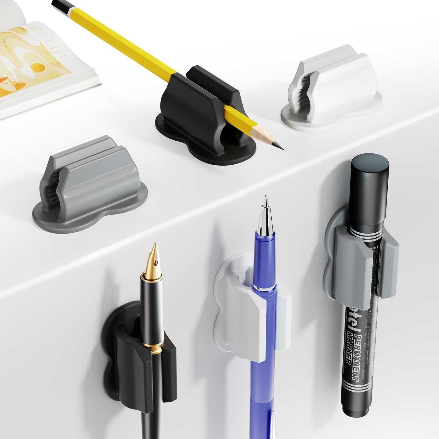 BEFSOP 2025 New Pen Holder, 6 Pack Upgraded Adhesive Pencil Holders for Wall & Desk, Marker Holder, Pen Holder for Clipboard, Teacher Supplies for Classroom kids Desk Accessories Clips Holder