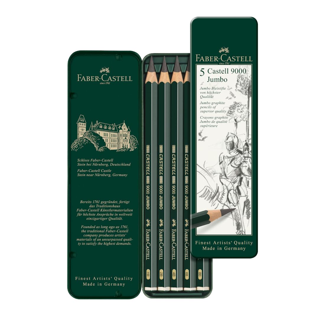 Faber-Castell 5 Piece Quality Castell 9000 Jumbo Graphite Pencils in a Tin, Including HB, 2B, 4B, 6B and 8B,Black