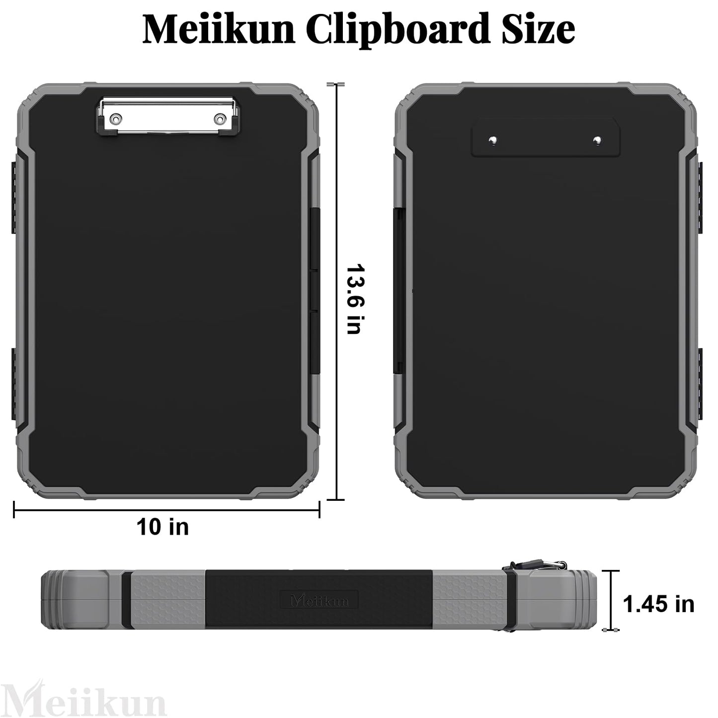 Meiikun Clipboard with Storage, Rugged Shockproof Protective, Internal Pen Pouch & Metal Clip, Heavy Duty Plastic Clip Boards 8.5x11, High Capacity Contractor Folder for School Office (Black)