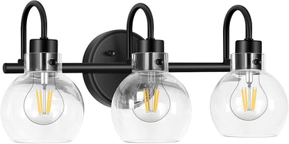 Bathroom Light Fixtures, Black 3 Lights Vanity Light, Farmhouse Wall Sconces with Globe Glass Shade, Porch Wall Mount Lamp for Mirror, Kitchen, Porch Living Room Workshop (E26 Base)