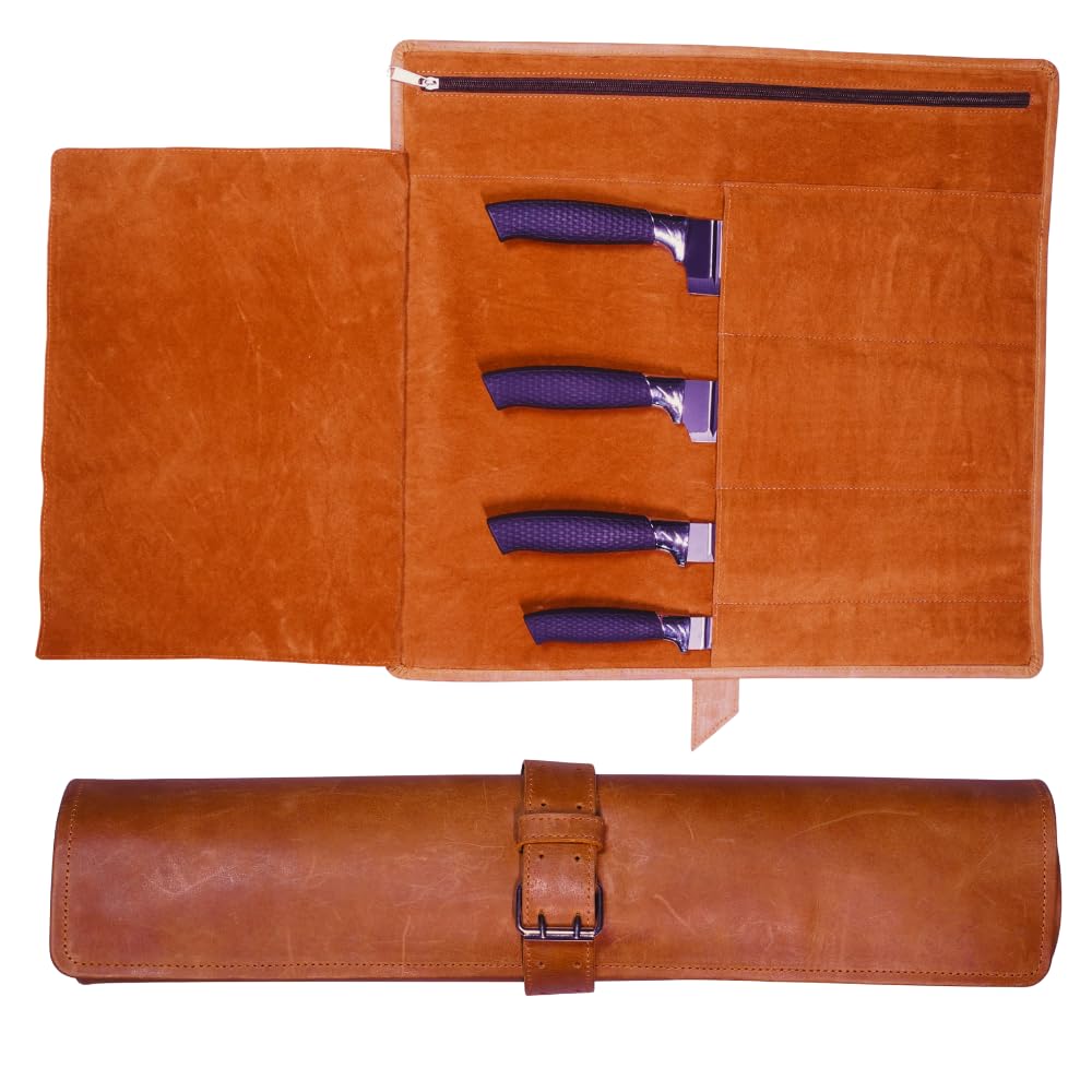 Leather Knife Roll Bag Professional Chef Knife Case, Cooks & Culinary Tools Carrying Storage, Durable Knife Sheath Holder, Portable Knife Wrap - 4 Slots